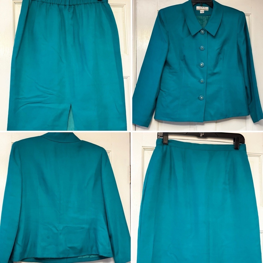 Shomi by T.T. Mui Teal Blue 100% Silk‎ Skirt Suit Set Vintage Petite 14 P